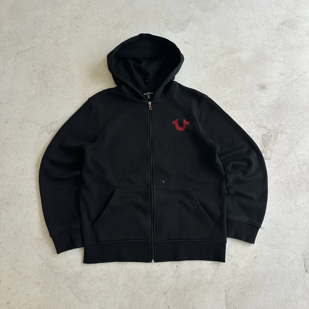 True Religion Men's M Black Full Zip Hoodie Graphic Logo Red Print Pockets